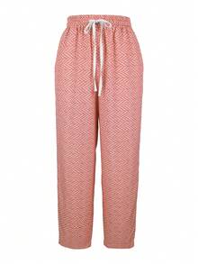 Women All Over Print Drawstring Casual Pocket Long Pants - Red - View 4