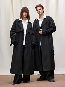 Manfinity VCAY Men's Woven Casual Long Loose Trench Coat For Spring & Autumn, Couple Matching, Going Out