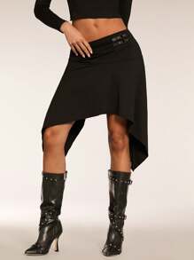 SHEIN BAE Falda casual de unicolor con dobladillo asimétrico para mujer - Negro - Ver 3