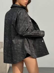 SHEIN EZwear 仿旧牛仔效果纹理超大皮夹克，秋冬 - 黑色 - 查看 2