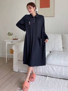 DAZY Cute Cartoon Print Half-Zip Casual Collared Loose Fit Lounge Dress Pajama - Navy Blue - View 3