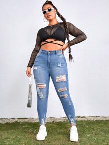 SHEIN ICON Plus Size Front Button Closure Multi-Pocket Distressed Frayed Edge Stretchy Skinny Jeans - Light Wash - View 3
