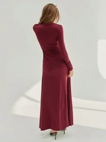 Aloruh 女式不对称褶皱长袖高领 A 字型修身超长红色连衣裙，秋冬季 - 酒紅色 - 查看 2