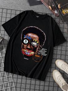 تي شيرت تي شيرت صيفي بأكمام قصيرة وياقة مستديرة بطباعة شخصية كرتونية للرجال