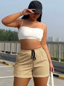 Flirla Pantalones cortos con cordón sencillos y lisos para uso diario de mujeres de talla grande - Caqui - Ver 3