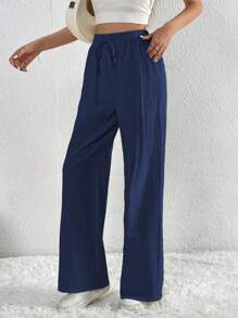 SHEIN Tall Quần dài thời trang đường phố thiết kế đa năng cho nữ kiểu dáng đơn giản có dây rút - Xanh đậm - Xem 3