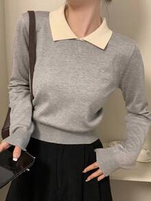 Korean Style Polo Collar Autumn/Winter New Short Cropped Top, Lightweight Sweater, Color Block, Long Sleeve Women Knit Pullover Casual Fall - Grey - View 4