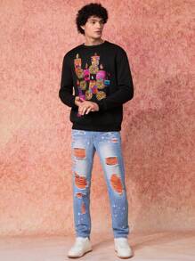 Simona Ahued X Day Of The Dead Artist Skeleton Print Casual Pullover Sweatshirt For Men, Holiday, Winter, Vacation, Valentine's Day, Spring, Festival