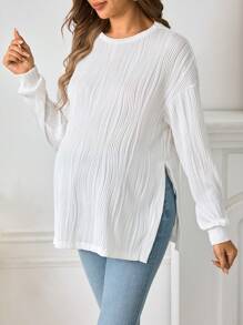 SHEIN Maternity Drop Shoulder Slit Hem White Long Sleeve White T-Shirt - White - View 5