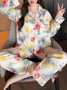 女士彩色长袖上衣和裤子睡衣套装（2件套），春秋季，两件套，秋冬服装