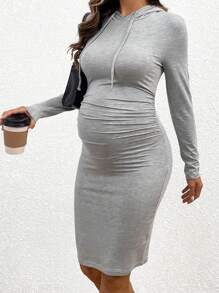 SHEIN Women's Solid Color Slim Fit Hooded Drawstring Long Sleeve Dress For Autumn For Maternity - Light Grey - View 3