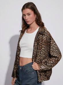 SHEIN EZwear Abrigo informal de PU con estampado de leopardo con hombros descubiertos y cierre de cremallera estilo años 90 - Multicolor - Ver 7