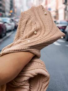 SHEIN Clasi Plus Size Women Beige Elegant Round Neck Hollow Out Crochet Pearl Decorative Pullover Sweater, Autumn