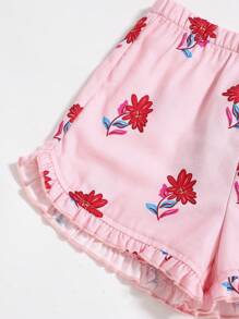 Cozy Pixies 3pcs Baby Girl Ditsy Floral Square Neck Sleeveless Cardigan Shirt And Plain Color Suspender Shorts Set