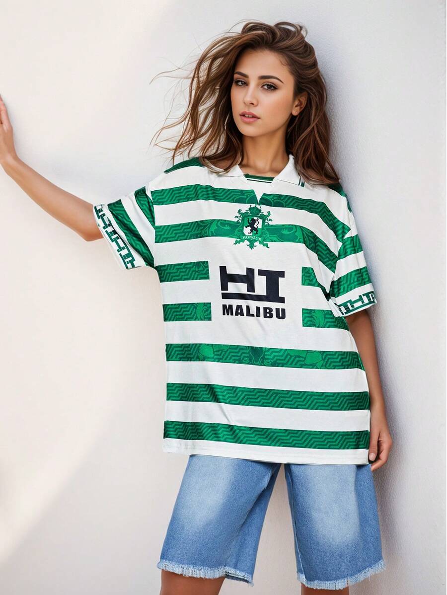 Teen Girl Summer Casual Contrast Striped Letter Print Top And Denim Shorts Two-Piece Set