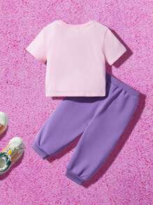 Nick 90s | SHEIN 女婴拼色卡通印花短袖 T 恤和运动裤 2 件套服装 - 粉色 - 查看 2