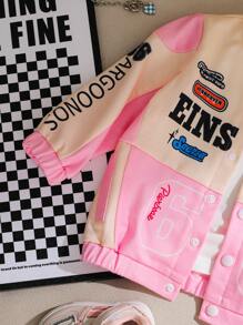 Baby Girls Letter Print Color Block Buttoned Front Long Sleeve Jacket, Casual Daily Wear