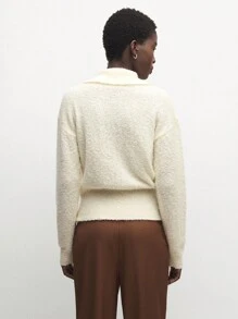 BizChic Beige Collar Hollow Out Drop Shoulder Loose Knit Sweater - Apricot - View 2