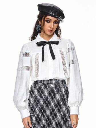 Goth Blusa holgada con mangas de farol y encaje de contraste para mujer