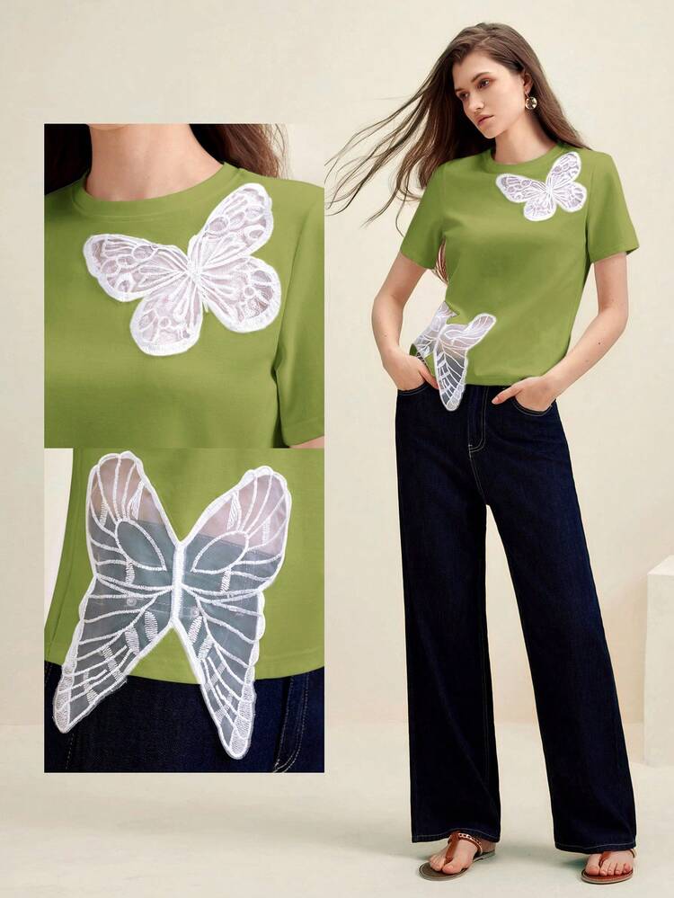 Elegant Daily Wear Asymmetrical Butterfly Hollow Embroidery White Fitted Women's T-Shirt