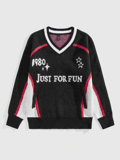 ROMWE Avant Jersey de punto de manga larga con cuello en V y estampado, corte holgado, para hombre, otoño e invierno