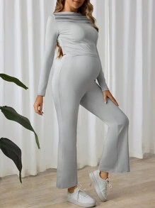 SHEIN 2pcs Maternity Solid Color Long Sleeve Simple Blouse And Pants Casual Suit - Light Grey - View 3