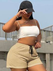 Flirla Pantalones cortos con cordón sencillos y lisos para uso diario de mujeres de talla grande - Caqui - Ver 4