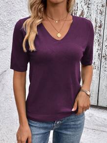 SHEIN Clasi Short Sleeve Solid Color Knitted Casual Top, Spring/Summer - Red Violet - View 5