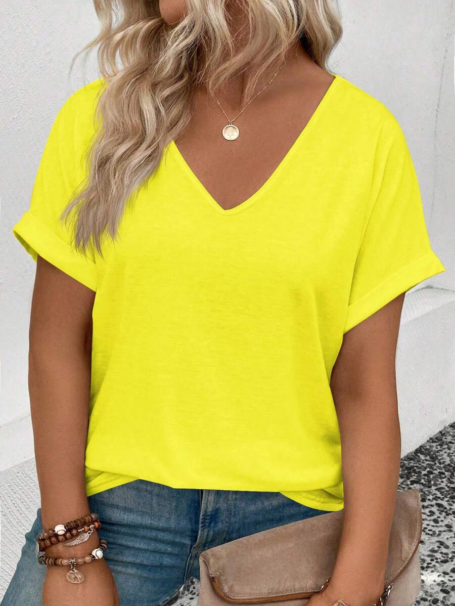 Plus Size Women V-Neck Cuffed Sleeve Casual T-Shirt - Yellow - View 1