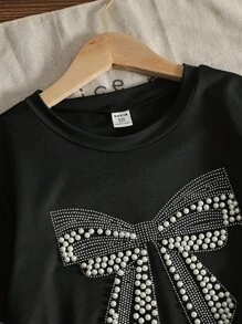 Tween Girl Short Sleeve Round Neck Rhinestone Embellished Casual Tee - Black - View 4