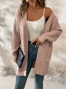 SHEIN Clasi Cardigan tricoté mi-long pour femme à col en V, manches longues, ceinture à la taille, texture rayures verticales kaki - Kaki - Voir 1