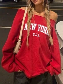 SHEIN EZwear Casual NYC USA Letter Printed Red Loose Off-Shoulder Long Sleeve Fleece Hoodie, Autumn/Winter - White - View 1