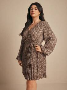 SHEIN Elaquor 1 pieza Vestido elegante de manga larga, cuello en V, con pliegues, para mujer talla grande, otoño