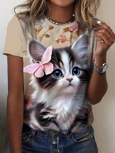 INAWLY 女士圆领猫咪印花休闲短袖 T 恤，夏季图案 T 恤女式上衣