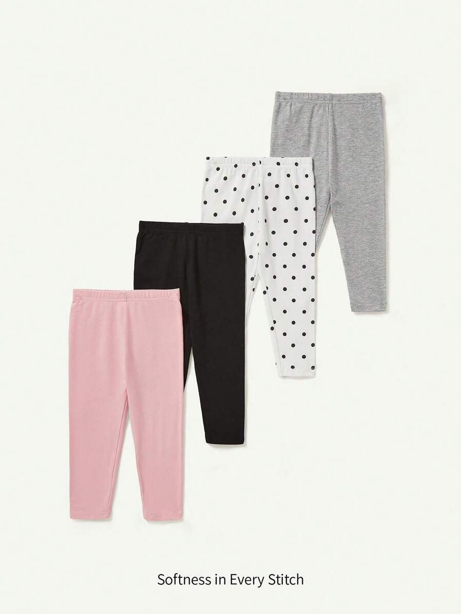 Cozy Pixies 4 件装女婴休闲波尔卡圆点印花纯色紧身裤套装 - 粉色 - 查看 1