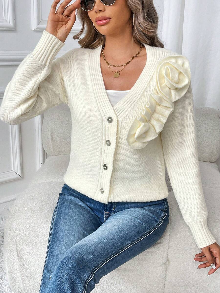 SHEIN LUNE Áo cardigan dài tay dáng rộng họa tiết hoa 3D màu trơn dành cho nữ, mùa thu đông - Màu be - Xem 1