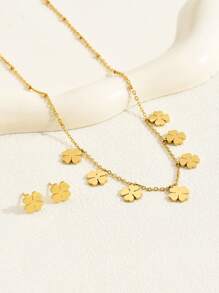 Bộ 3 dây chuyền và hoa tai mạ vàng 18k thời trang đơn giản, phong cách đi làm thanh lịch, đa năng cho phụ nữ - Vàng - Xem 2