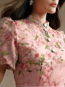 Anewsta 法式优雅花卉提花印花 V 领泡泡袖女式连衣裙，黄色长款女装