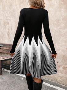 SHEIN Clasi Women's Elegant Patterned Waist Sweater Dress - Black and White - View 2