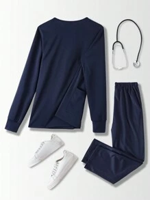 TaskEZ 女式护士制服手术服套装蓝色长袖门禁夹克和松紧腰长裤 - 藏蓝色 - 查看 7