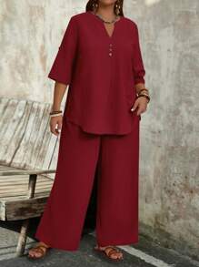 EMERY ROSE 2pcs Set Plus Size Solid V-Neck Mid Long Sleeve Simple Top And Pants - Burgundy - View 6