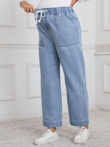 SHEIN Maternity Drawstring Waist Side Pockets Straight Loose Casual Jeans - Medium Wash - View 6