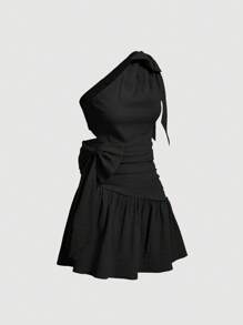 SHEIN MOD 夏季粉色不对称肩部蝴蝶结短款连衣裙 - 黑色 - 查看 3