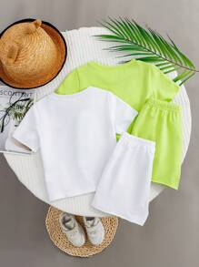 SHEIN Set di maglietta a maniche corte a maglia e pantaloncini con vita elastica per bambino/a sportivo/a casual con stampa a lettere, combinazioni multiple (2 set/4 set)