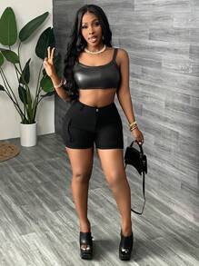SHEIN Unity Women Solid Color Pocketed Tight Fit Denim Shorts, Summer - Black - View 5