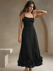Anewsta Women's Solid Color Spaghetti Strap Ruffle Hem Dress, Casual Daily Wear Maxi Women Outfit - Black - View 3