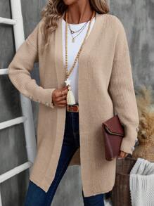 EMERY ROSE 女士纯色落肩长袖长款休闲开衫，秋冬 - 卡其色 - 查看 6