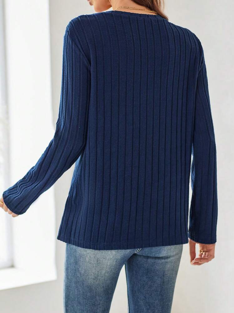 Fall Women Clothes Dark Blue Round-Neck Long-Sleeve T-Shirt For Autumn