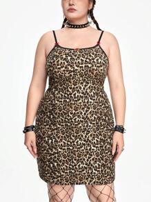 ROMWE Kawaii Plus Size Vintage Hoa hồng ngọt ngào Nơ hoa & Váy cami in họa tiết da báo - màu nâu - Xem 1