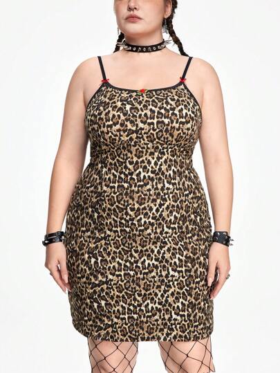 Kawaii Plus Size Vintage Sweet Rose Floral Bow & Leopard Print Cami Dress